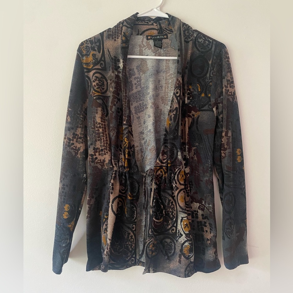 Y2K Indie Whimsigoth Fairy Witch Print Tie Front Cardigan Women’s Large